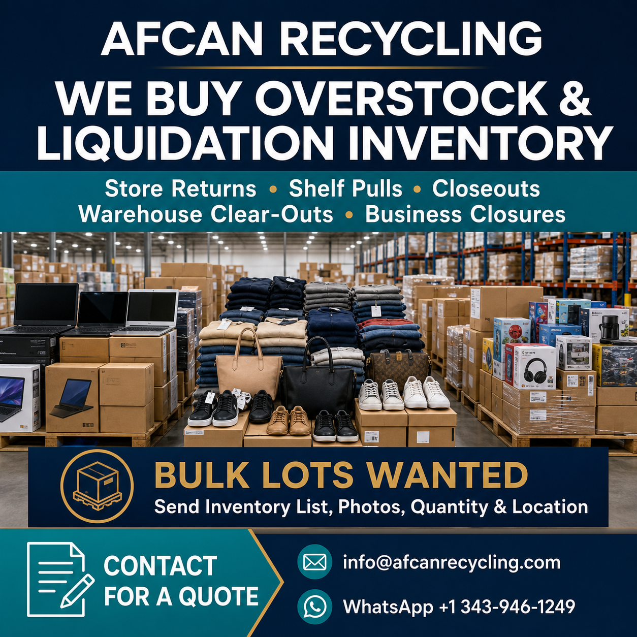 AFCAN buys overstock, store returns, closeouts and liquidation inventory